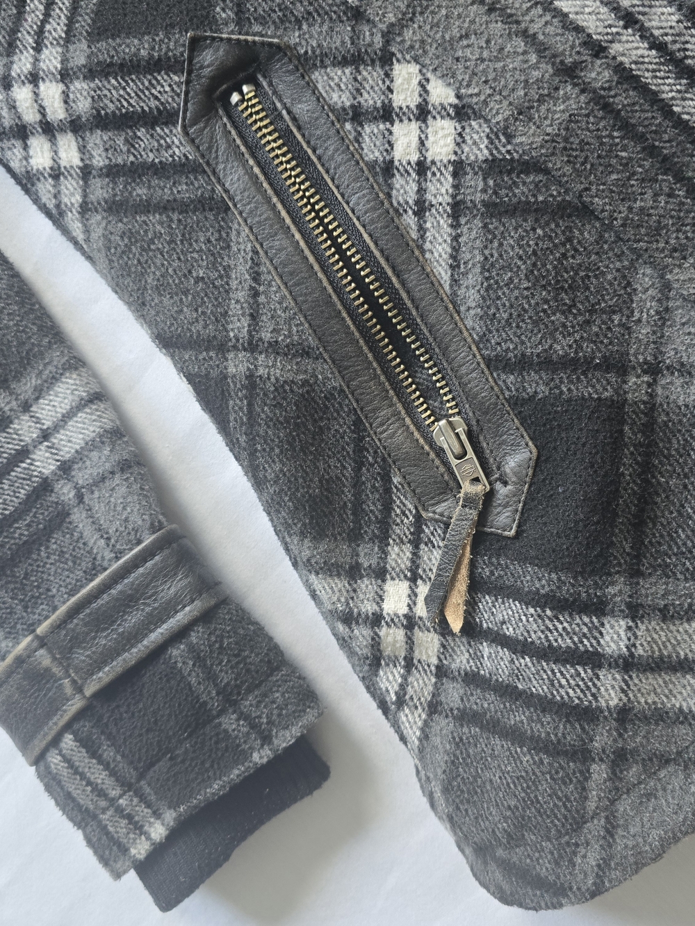 Harley-Davidson Black & Gray Plaid Pea Coat with Leather Collar - Picture 4 of 10